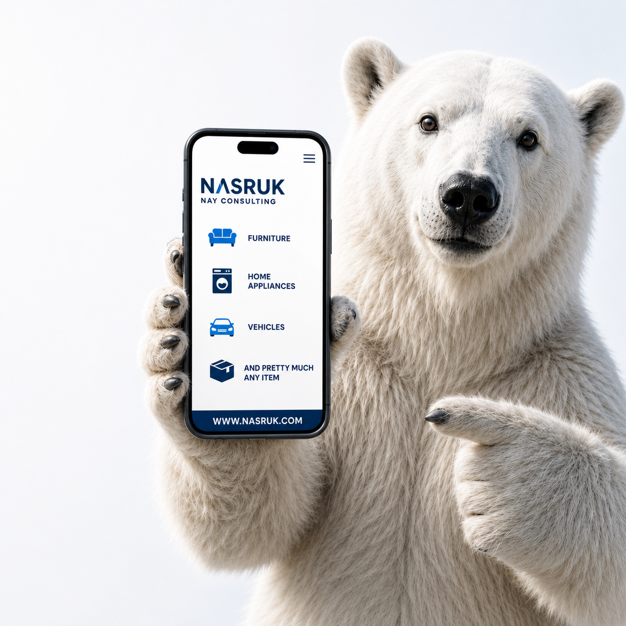 Polar bear presenting the Nasruk Nay Consulting services on a smartphone